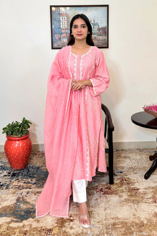 Pink chanderi Kalidar kurta and dupatta with floral appliqué work and off-white trousers