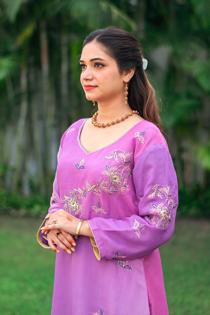 Purple ombre organza kurta, purple chiffon dupatta & golden trousers with zardozi work