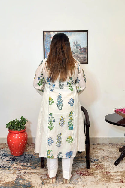Off-white chanderi A-line kurta and dupatta with blue-green floral hand embroidery and off-white trousers