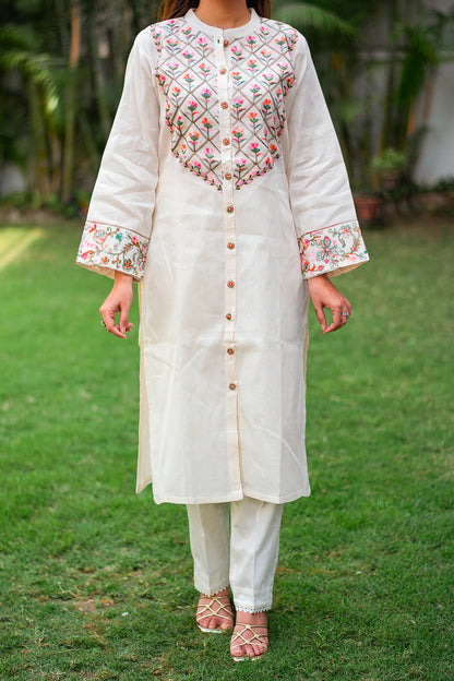 off-white cotton kashmiri front-open kurti and dupatta with off-white trousers