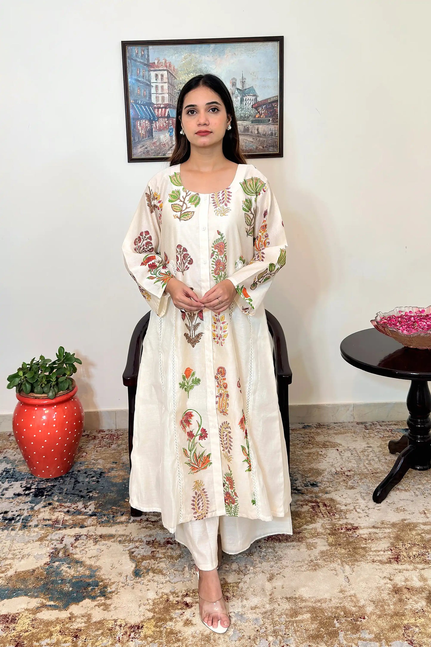 Off-white chanderi A-line kurta and dupatta with multicolour floral hand embroidery and off-white palazzo