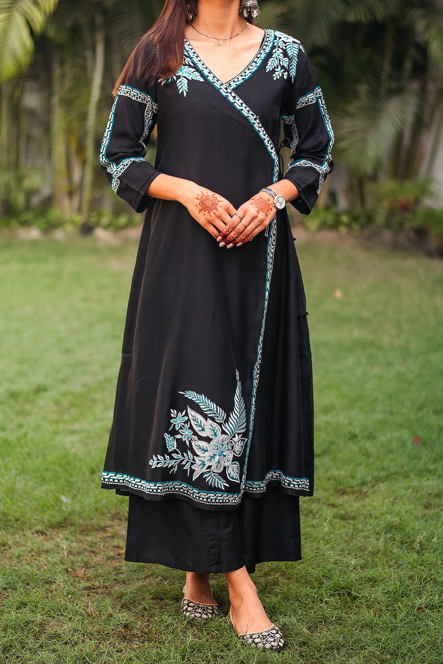 Black chanderi embroidered angrakha and dupatta with black palazzo