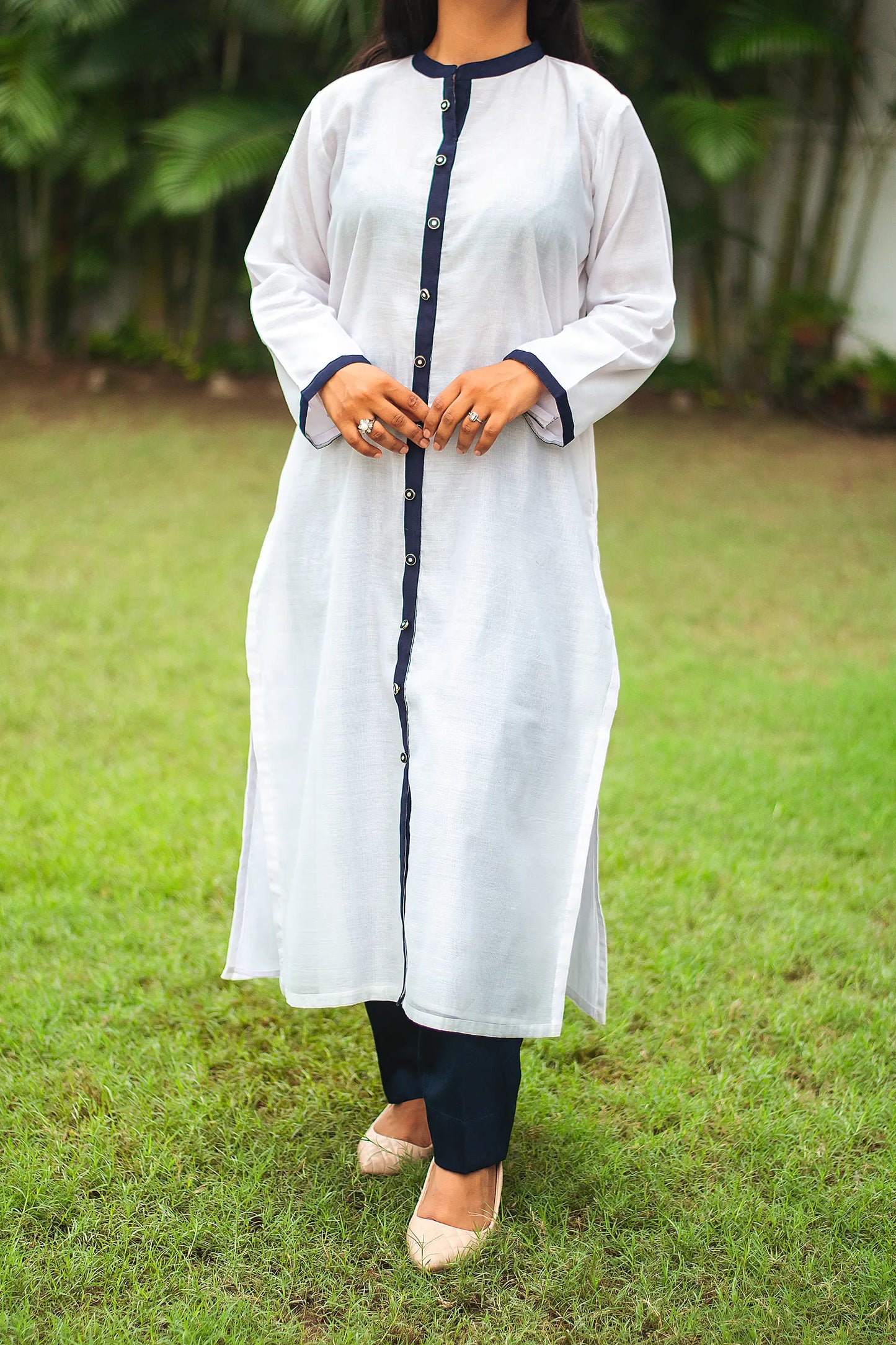 White chanderi patchwork kurta and dupatta with navy blue trousers