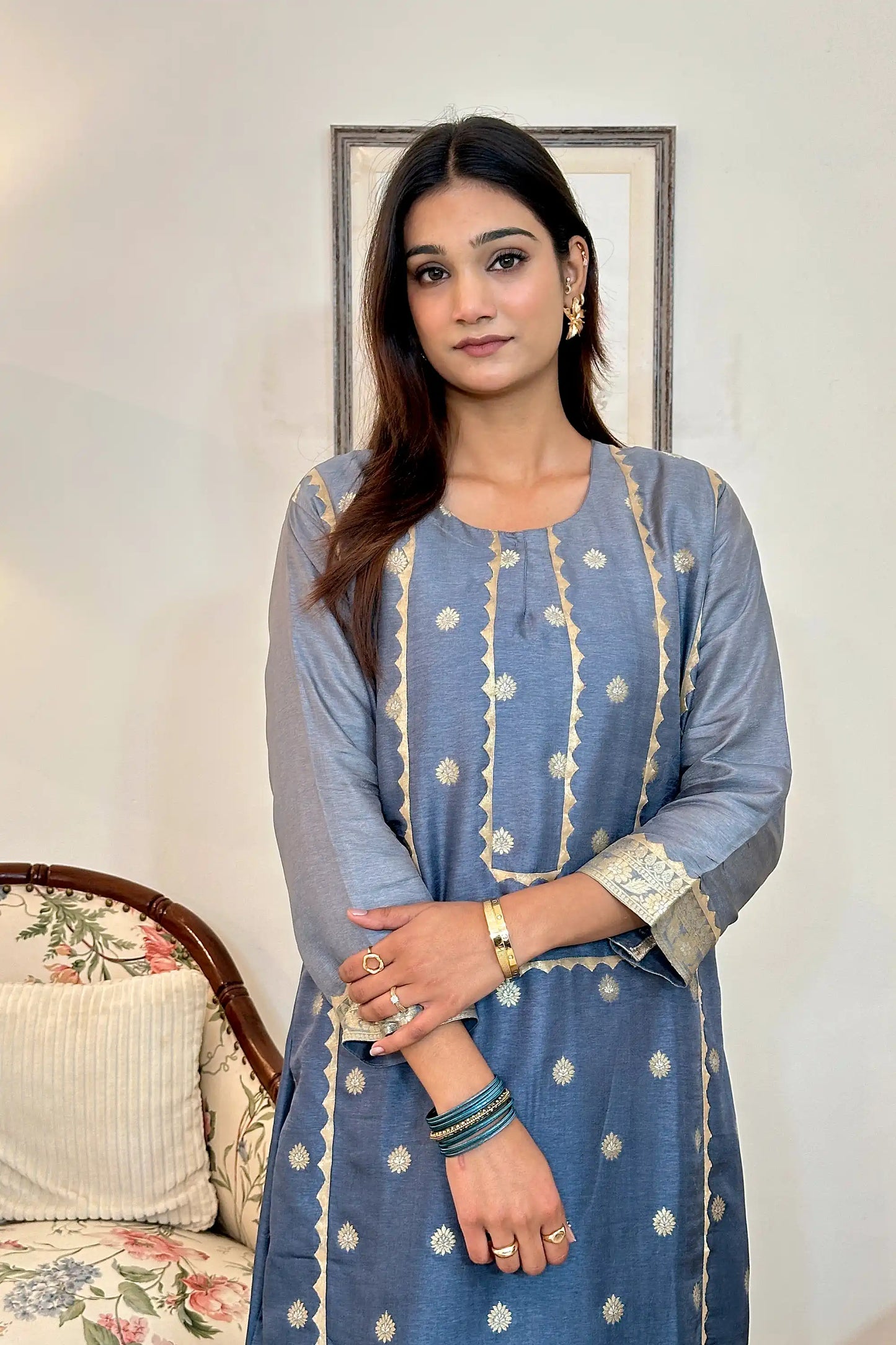 Grey Banarasi Silk Party Wear Kurta Set with applique work