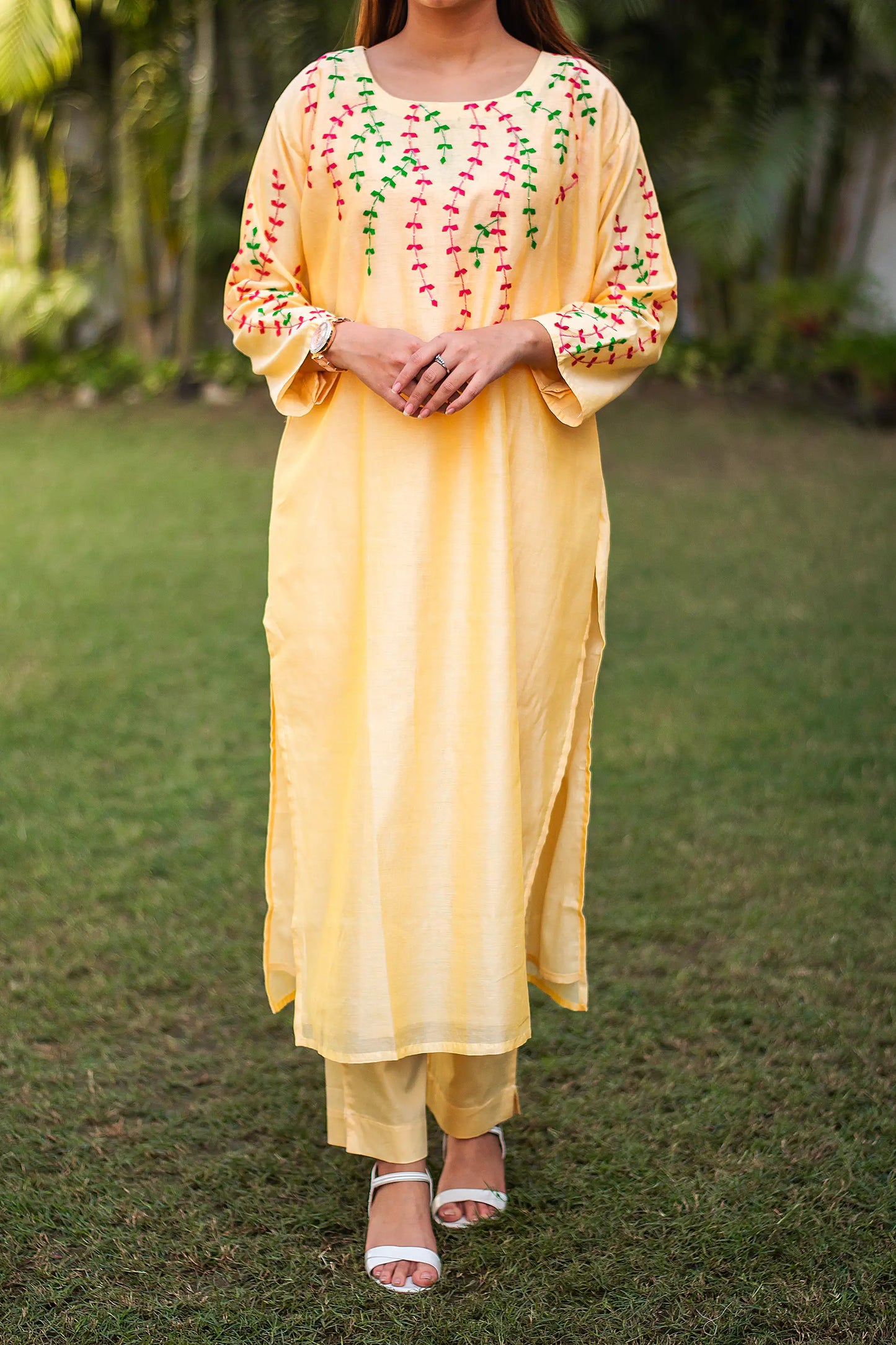 multicoloured applique work yellow chanderi kurta and dupatta with yellow trousers