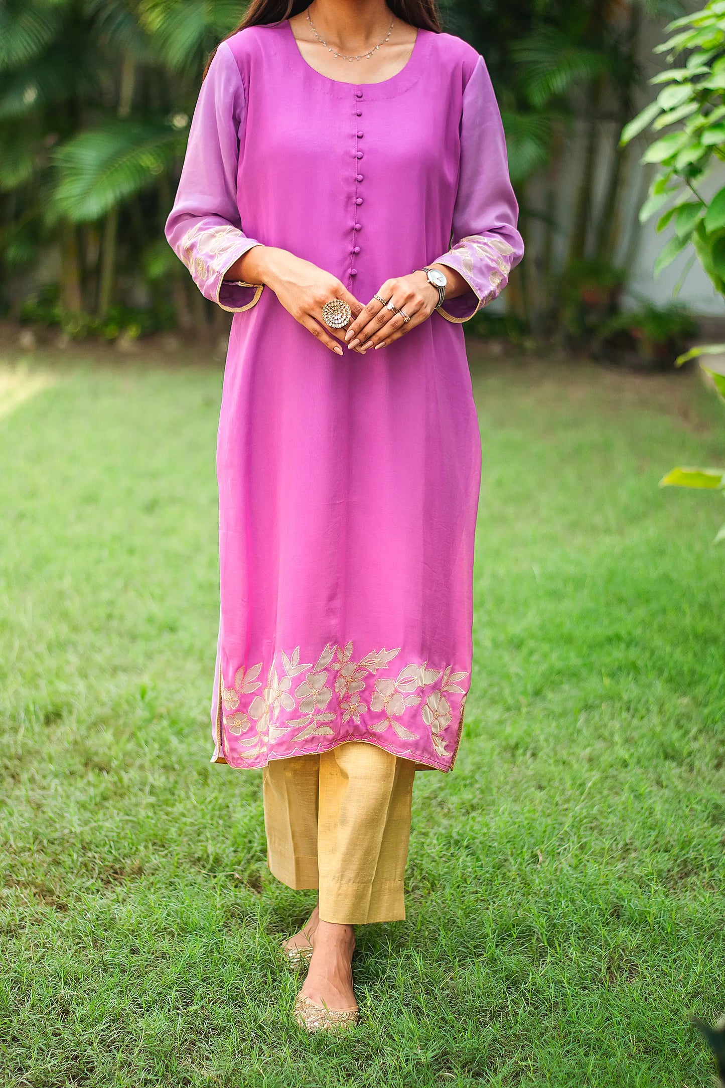 Light purple organza kurta and dupatta with cutwork and golden trousers