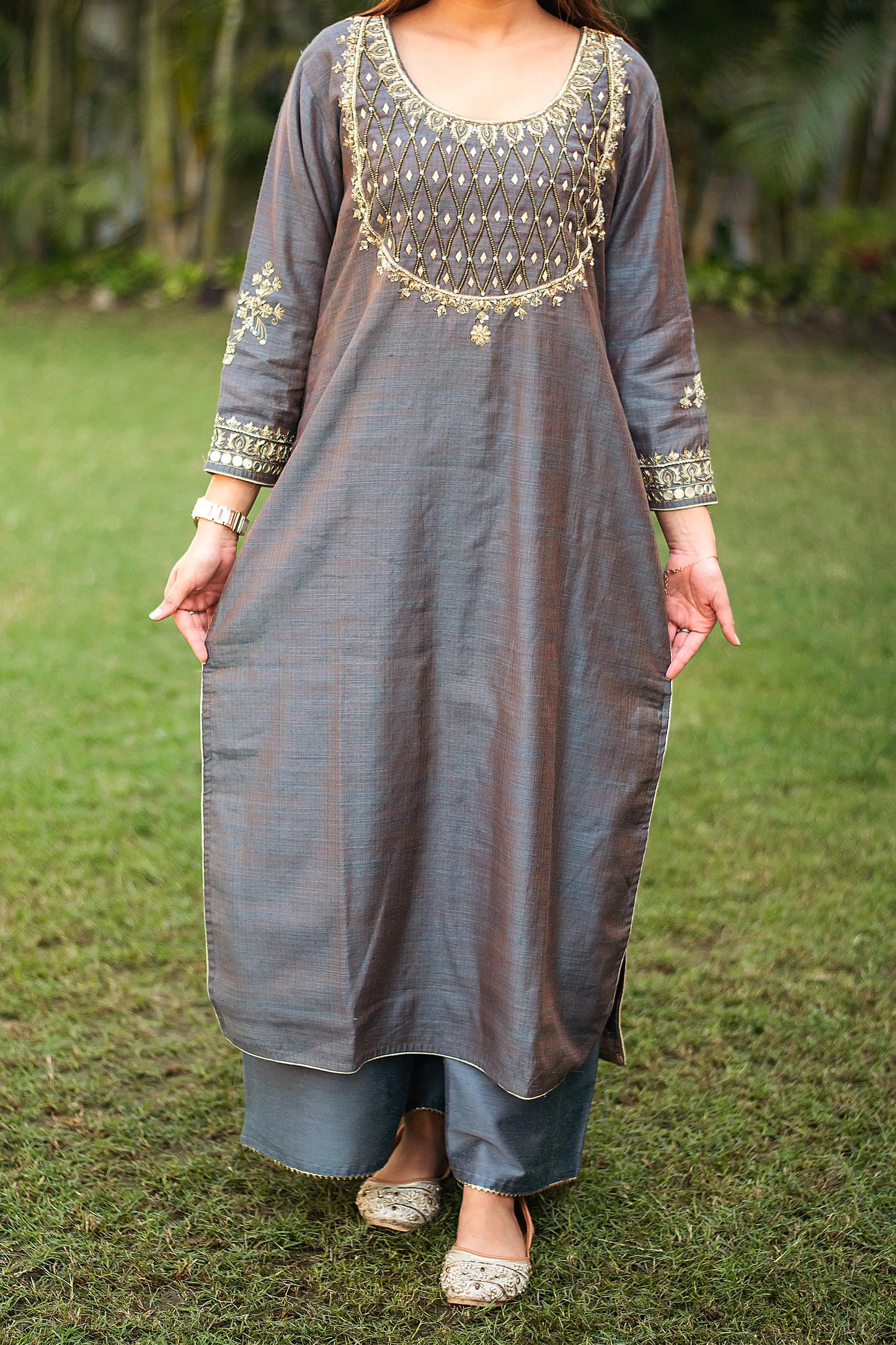 Grey silk Zardozi & Applique Work Kurta With Chanderi Dupatta And Grey Palazzo