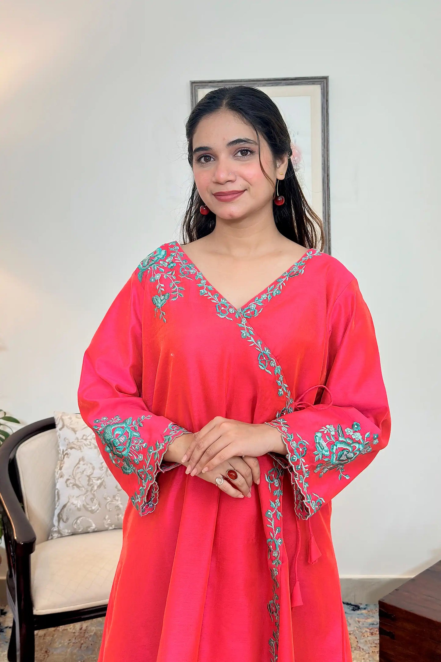 Red Chanderi Formal Wear Kurta Set with Resham Embroidery