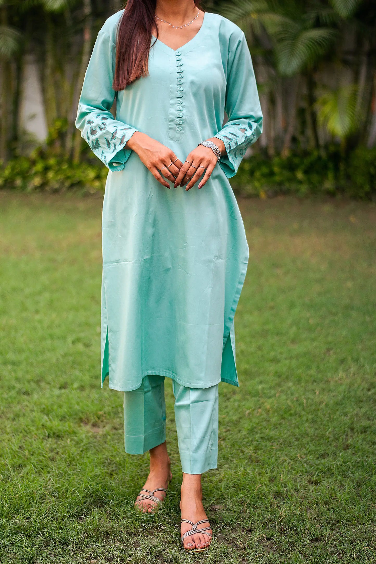 Pastel blue russian silk kurta & trousers, blue chanderi dupatta with cutwork