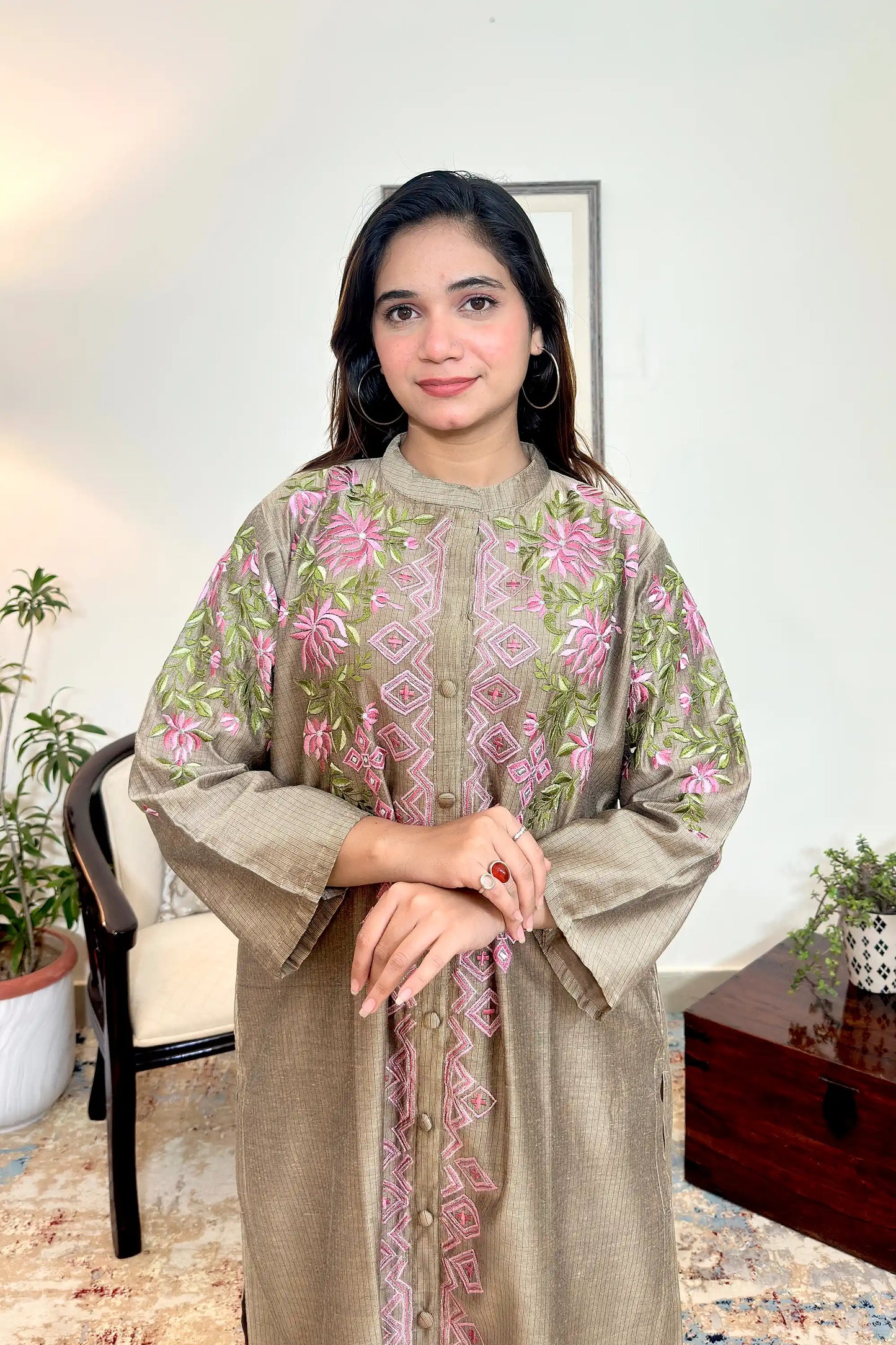 Taupe Chanderi Formal Wear Kurta Set with Resham Embroidery