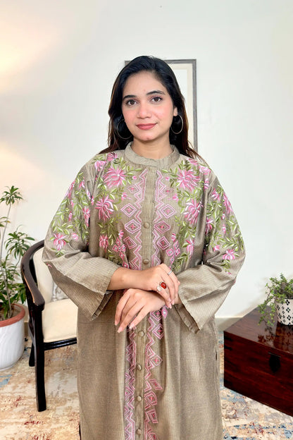 Taupe Chanderi Formal Wear Kurta Set with Resham Embroidery