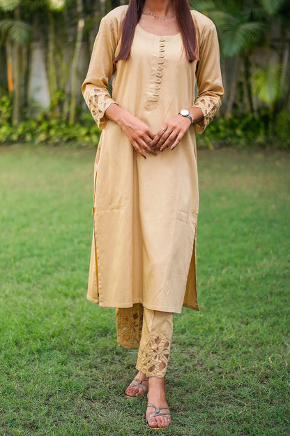 Golden russian silk kurta & trousers, golden chanderi dupatta with cutwork