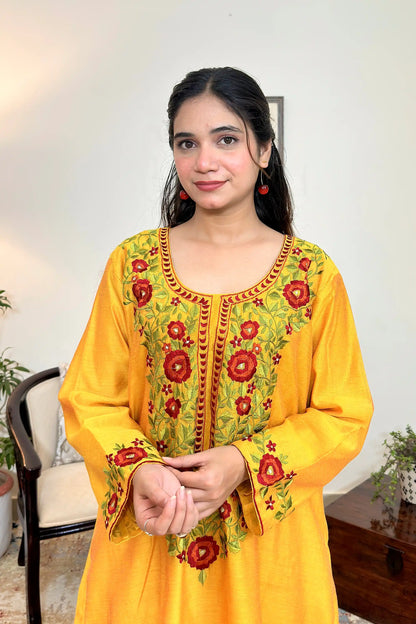 Yellow Chanderi Formal Wear Kurta Set with Floral Resham Embroidery