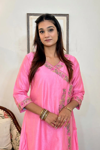 Pink Chanderi Resham Embroidered Angarkha Formal Wear Suit