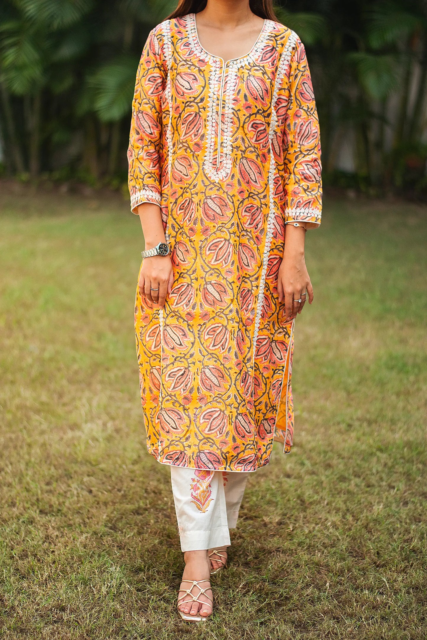 Yellow kalamkari print maheshwari applique work kalidar kurta with off white maheshwari dupatta and trousers