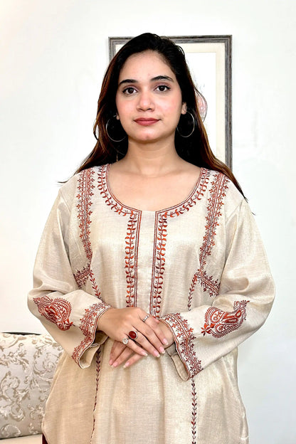 Golden Chanderi Formal Wear Kurta Set with Resham Embroidery