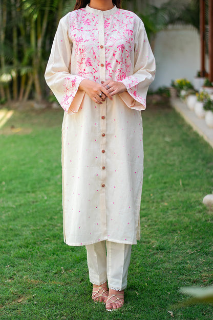 Off-white cotton kashmiri work front-open kurti and dupatta with off-white trousers