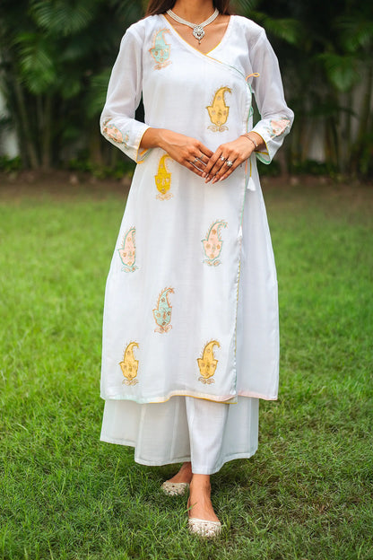 White chanderi angrakha and dupatta with patchwork paisley and white palazzo