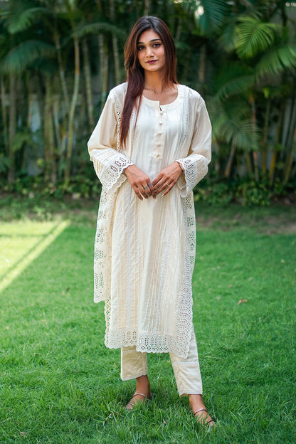 Off white cotton silk pintuck kurta, trousers and dupatta with schiffli work