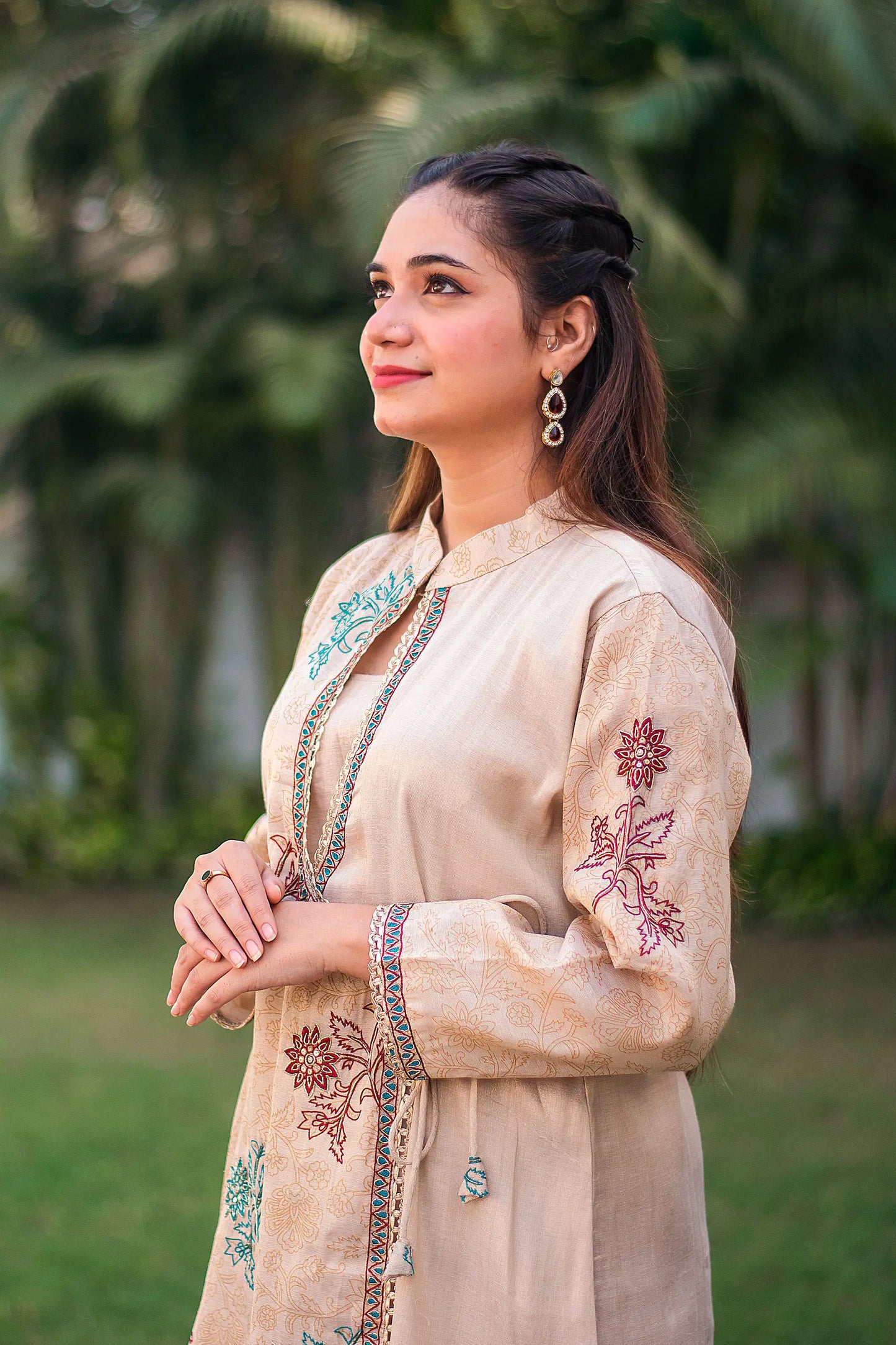 Beige angrakha kurta, palazzo and tissue dupatta with hand embroidery