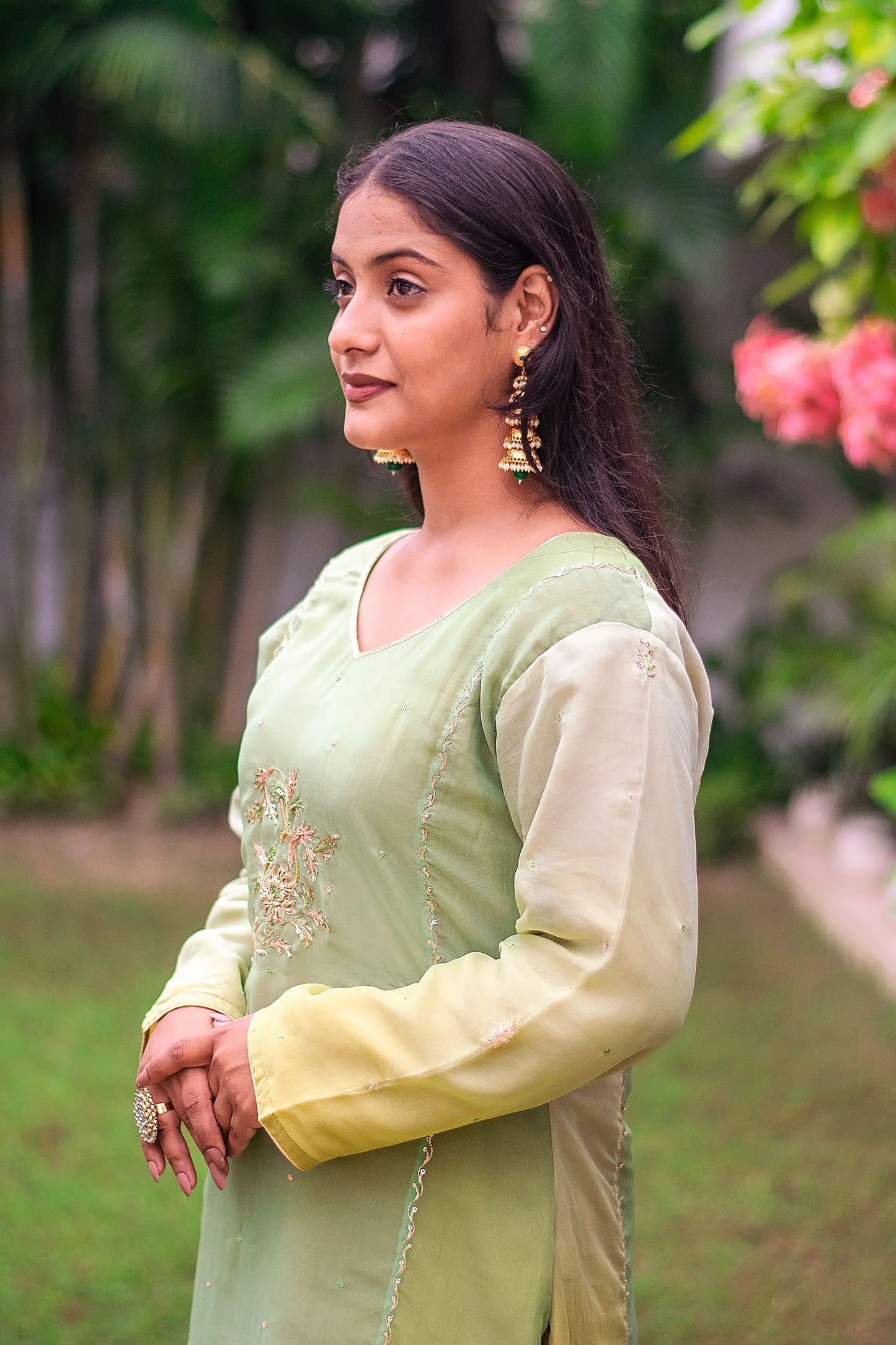 Green ombre organza kurta, green chiffon dupatta & golden trousers with zardozi work