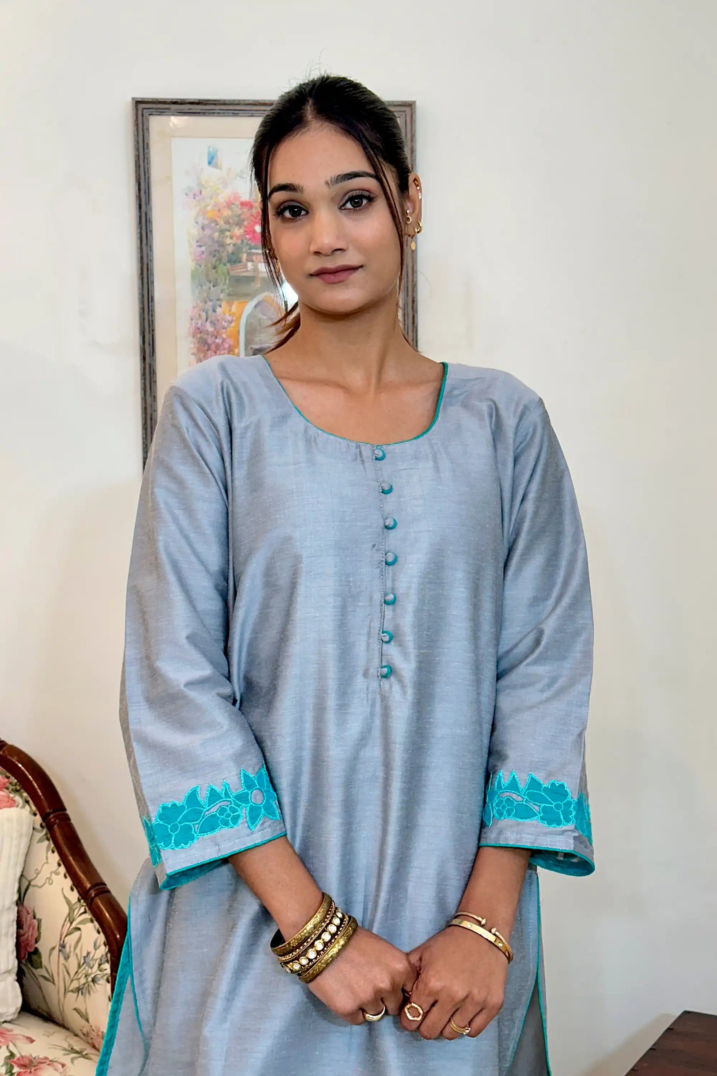 Grey Staple Tussar Patchwork Kurta Set Formal Wear with Green Dupatta