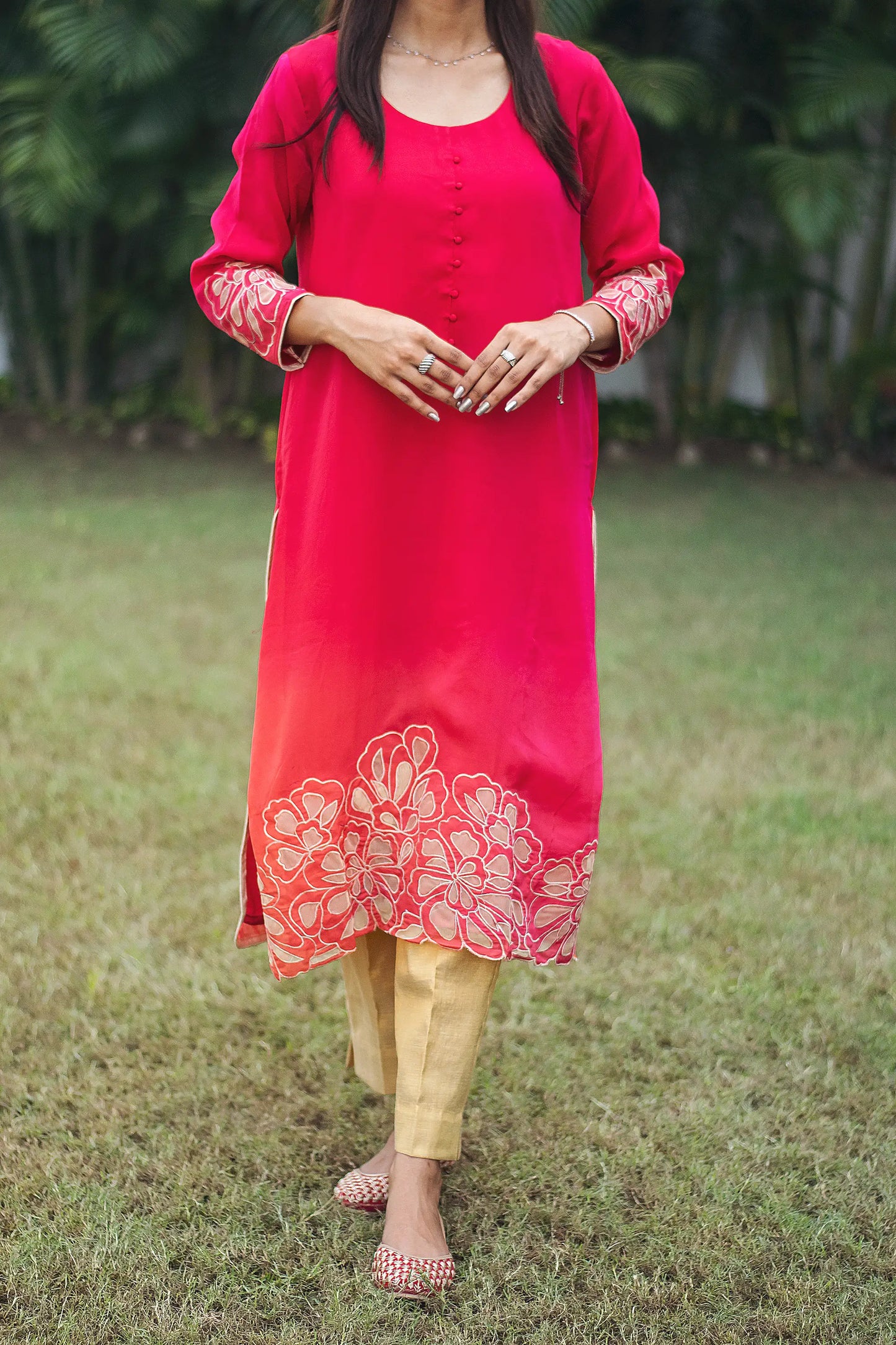 Red organza cutwork kurta and dupatta with gold trouser