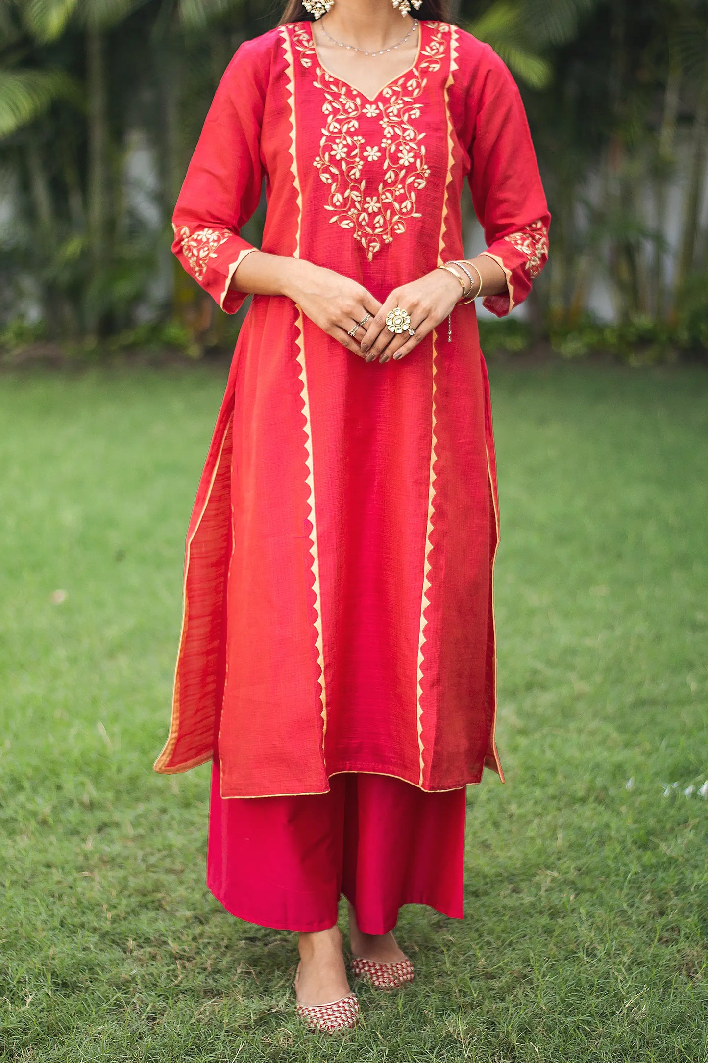 Red applique work jute silk kurta with red dupatta and palazzo