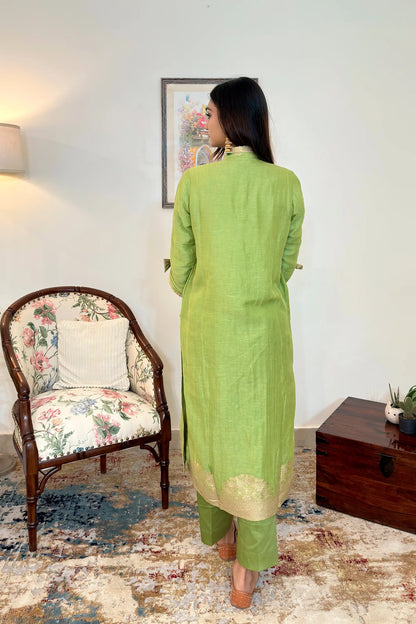 Green Zari Woven Linen Formal Wear Kurta Set