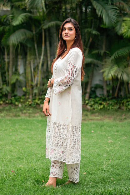off-white cotton schiffli front-open kurti, dupatta with embroidery and off-white trousers
