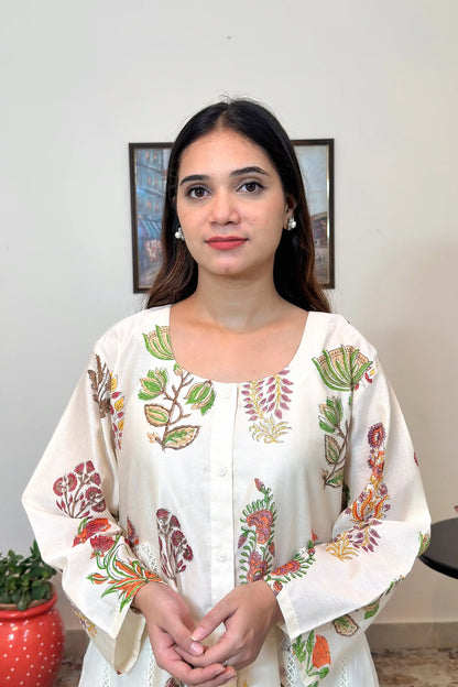 Off-white chanderi A-line kurta and dupatta with multicolour floral hand embroidery and off-white palazzo