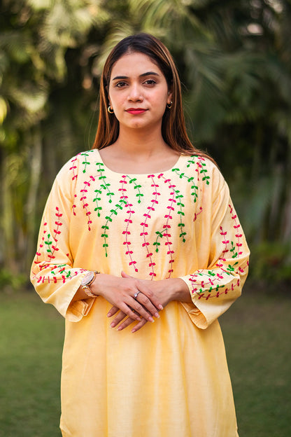 multicoloured applique work yellow chanderi kurta and dupatta with yellow trousers