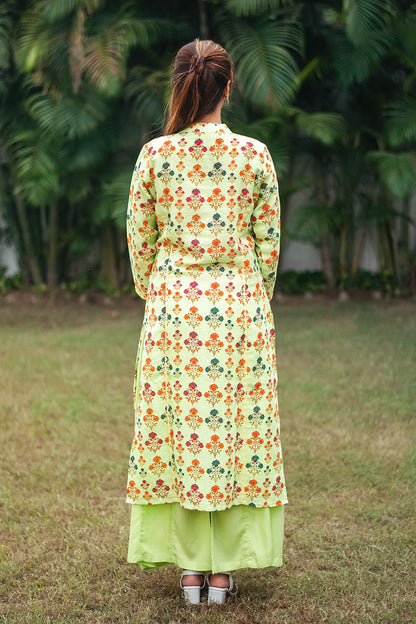 Tea green printed linen kalidar kurta with applique work, green linen dupatta and green palazzo