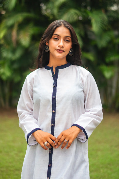 White chanderi patchwork kurta and dupatta with navy blue trousers