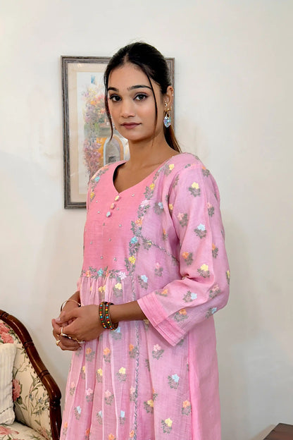 Pink Chanderi Formal Wear Kurta Set with Floral Embroidery