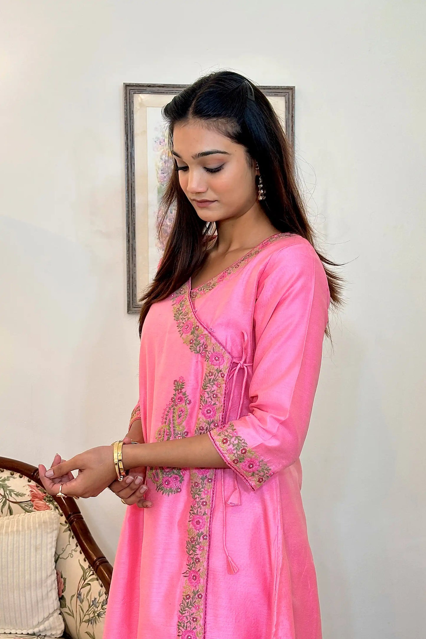 Pink Chanderi Resham Embroidered Angarkha Formal Wear Suit