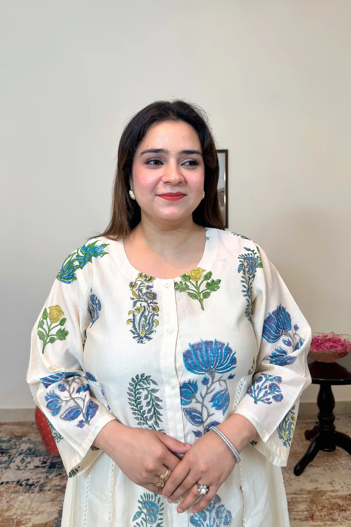 Off-white chanderi A-line kurta and dupatta with blue-green floral hand embroidery and off-white trousers