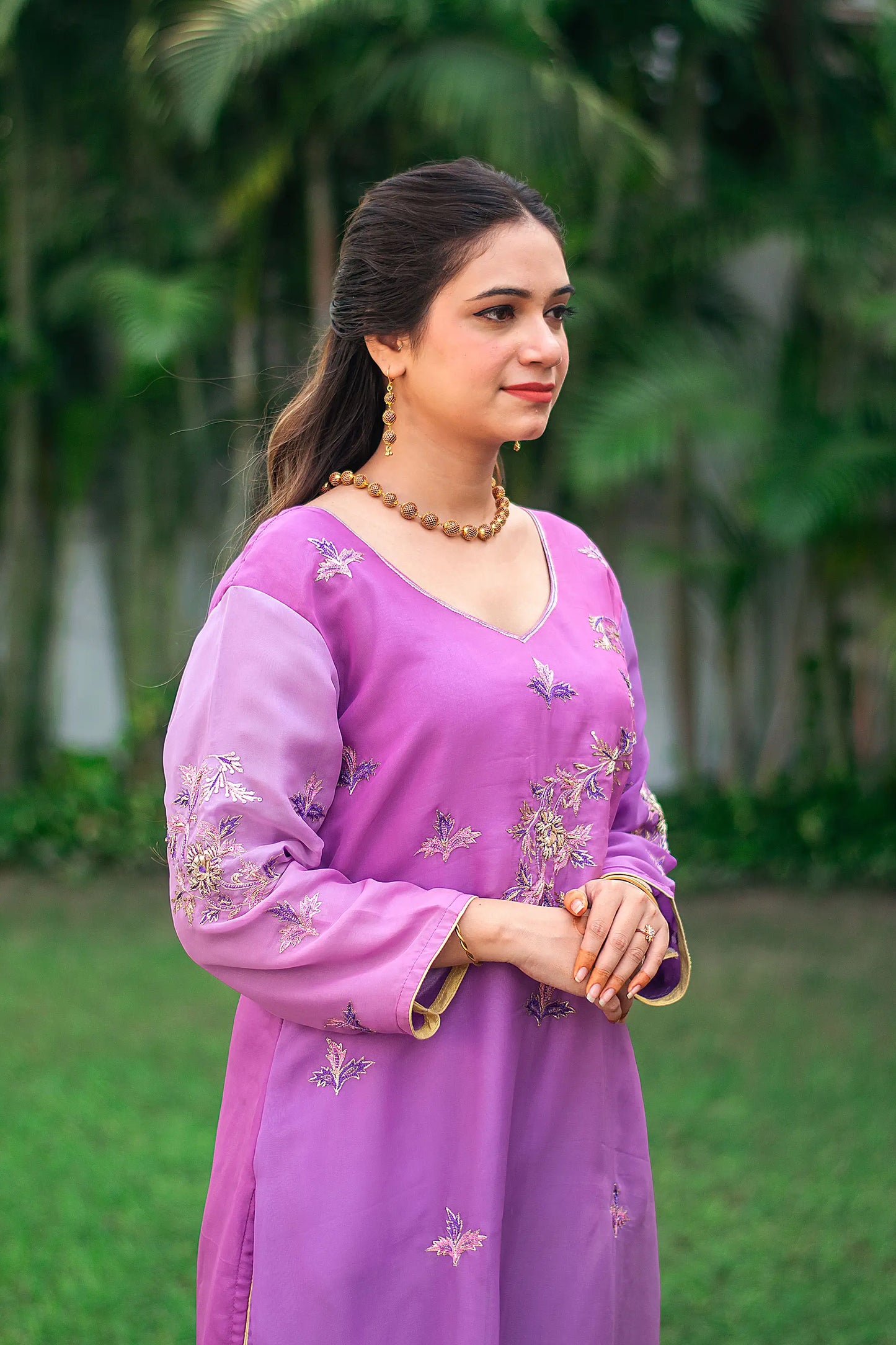 Purple ombre organza kurta, purple chiffon dupatta & golden trousers with zardozi work