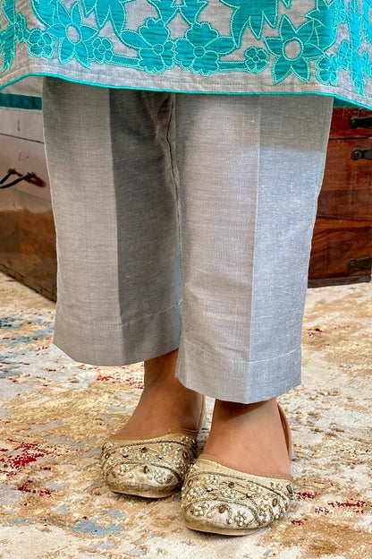 Grey Staple Tussar Patchwork Kurta Set Formal Wear with Green Dupatta