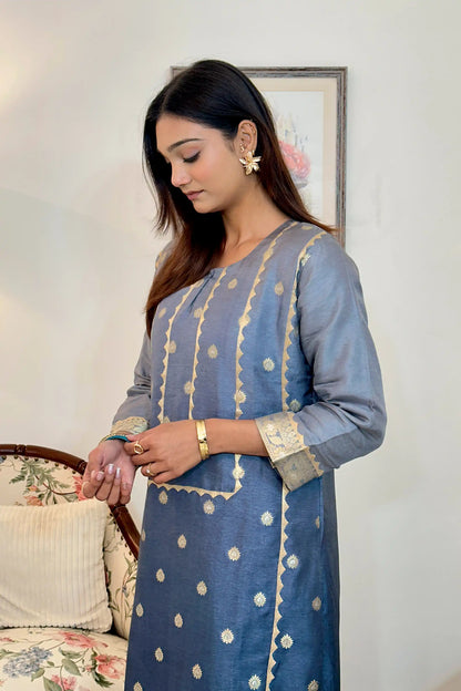 Grey Banarasi Silk Party Wear Kurta Set with applique work