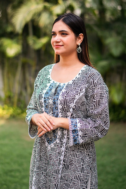 Black printed linen kurta, dupatta & white trousers with applique work