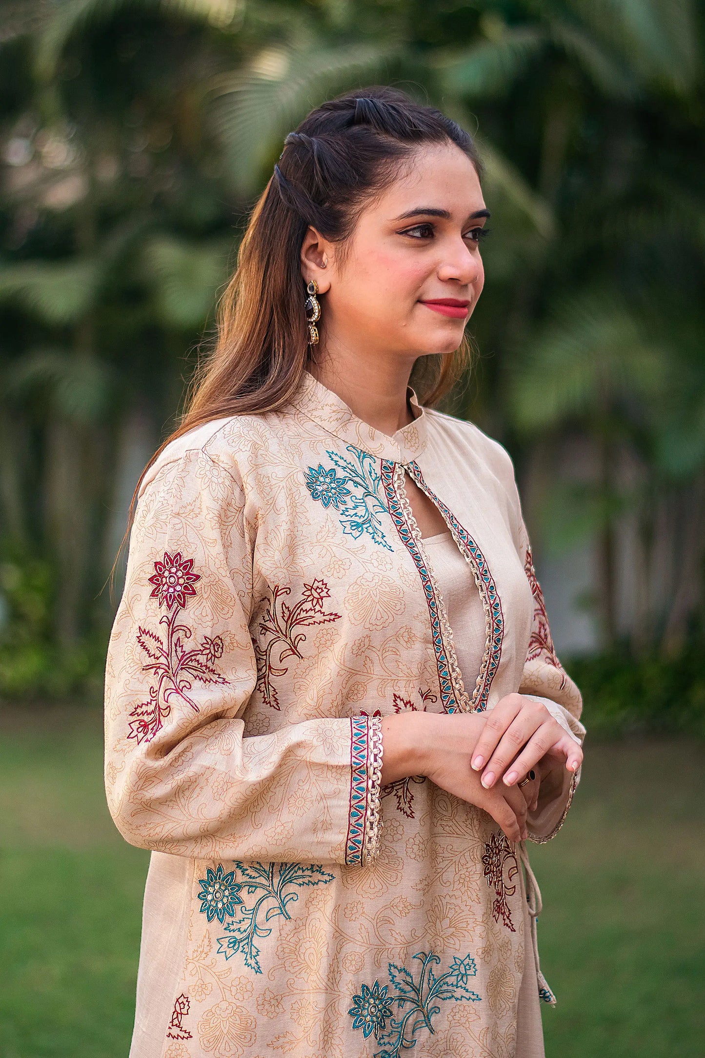 Beige angrakha kurta, palazzo and tissue dupatta with hand embroidery