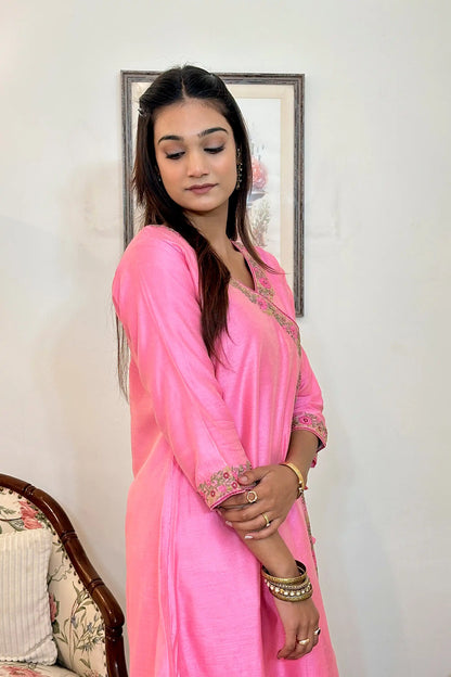 Pink Chanderi Resham Embroidered Angarkha Formal Wear Suit