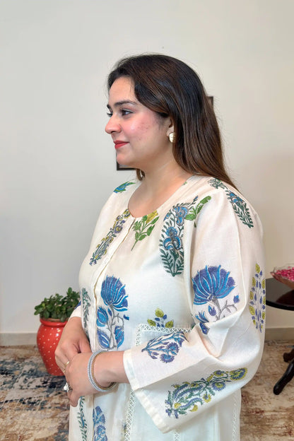 Off-white chanderi A-line kurta and dupatta with blue-green floral hand embroidery and off-white trousers
