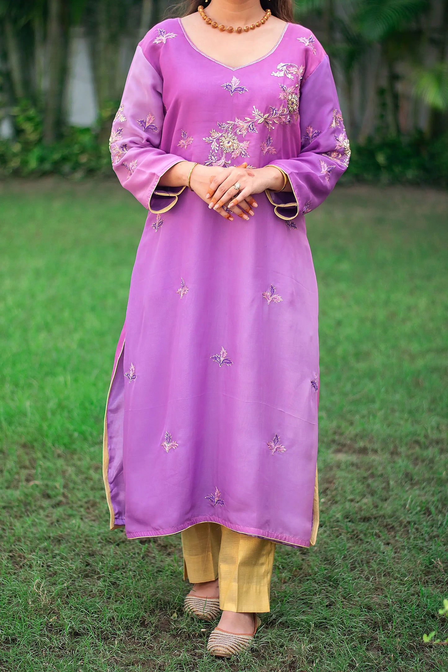 Purple ombre organza kurta, purple chiffon dupatta & golden trousers with zardozi work