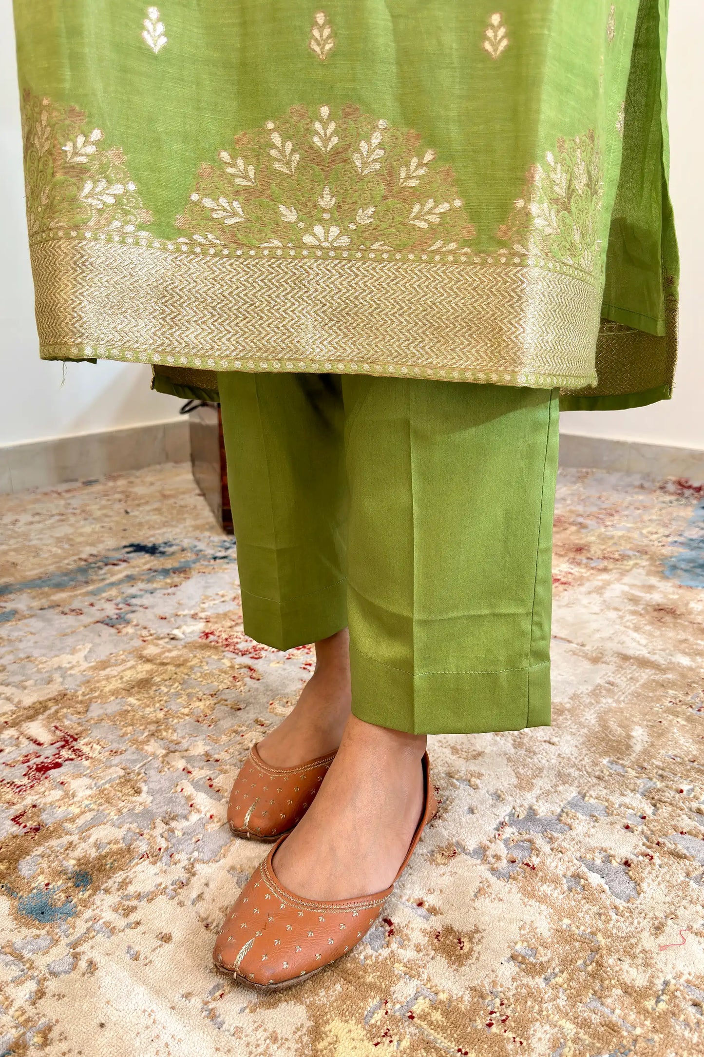 Green Zari Woven Linen Formal Wear Kurta Set