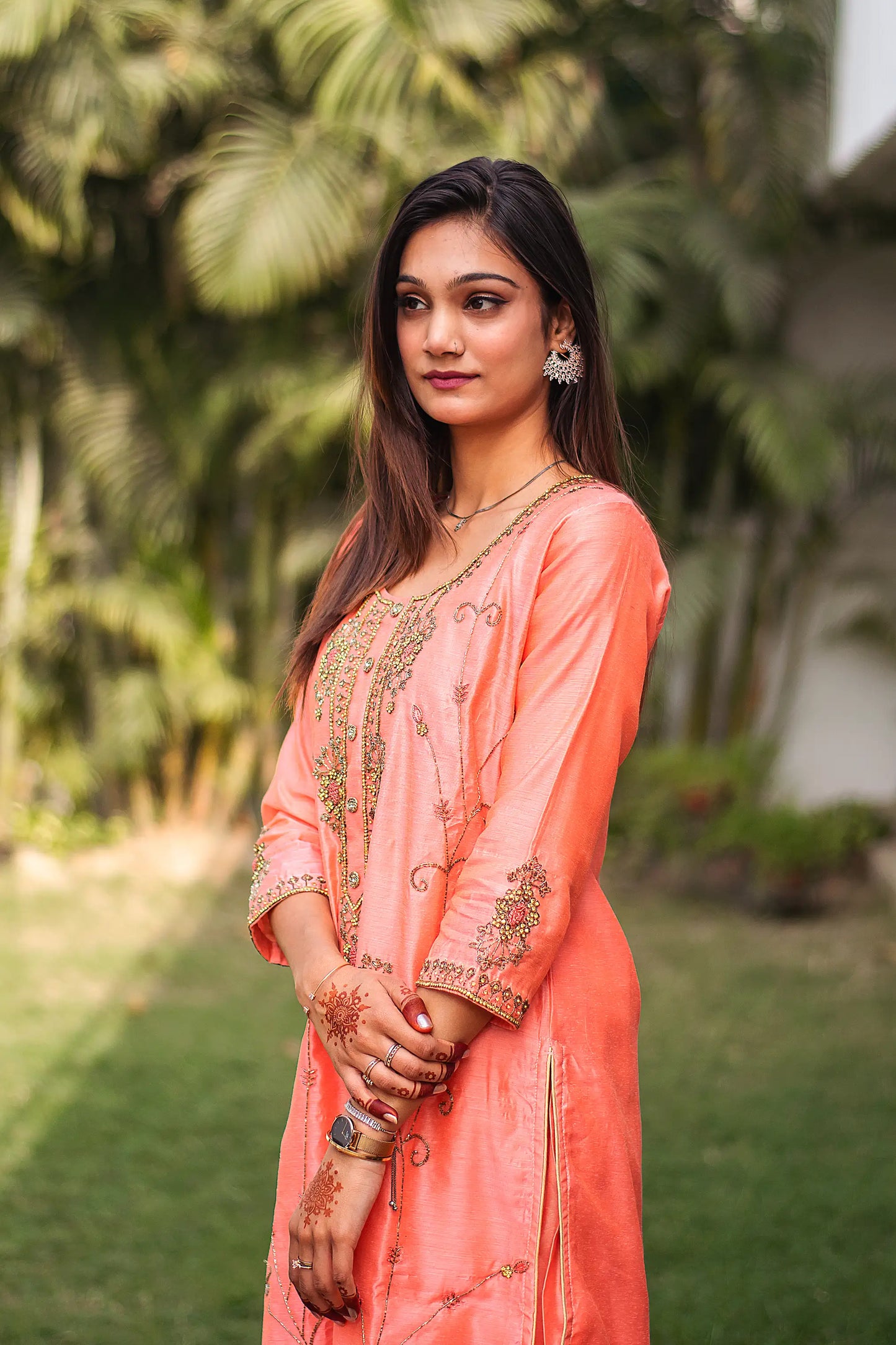 Peach chanderi zardozi work kurta and dupatta with peach palazzo