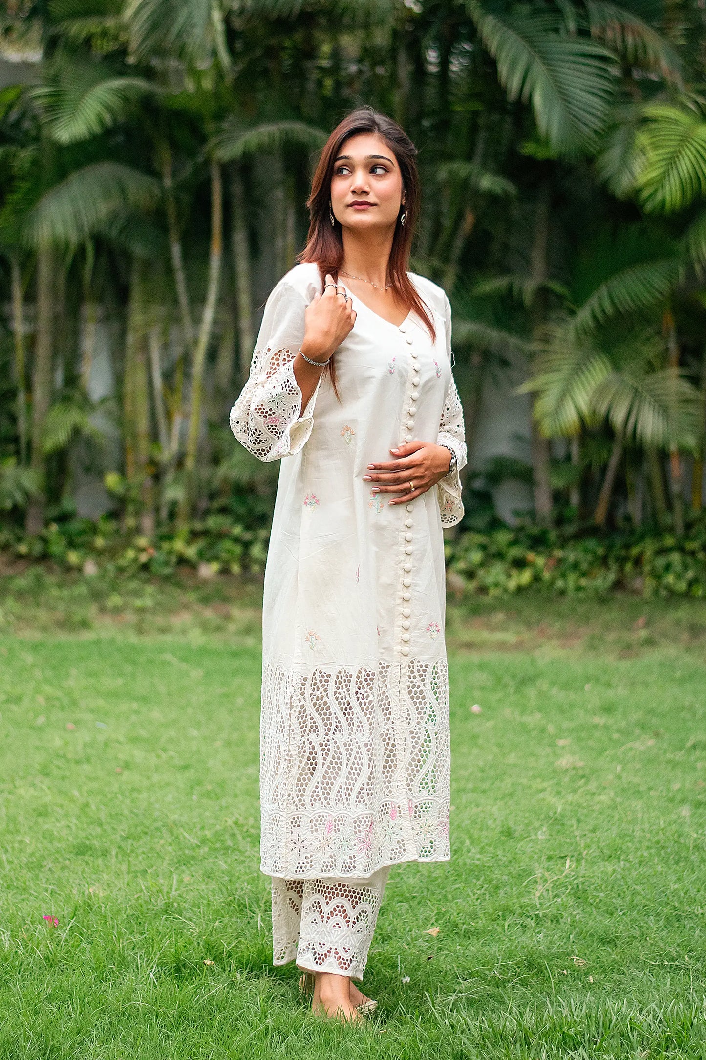 off-white cotton schiffli front-open kurti, dupatta with embroidery and off-white trousers