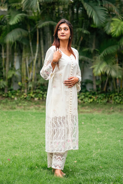 off-white cotton schiffli front-open kurti, dupatta with embroidery and off-white trousers