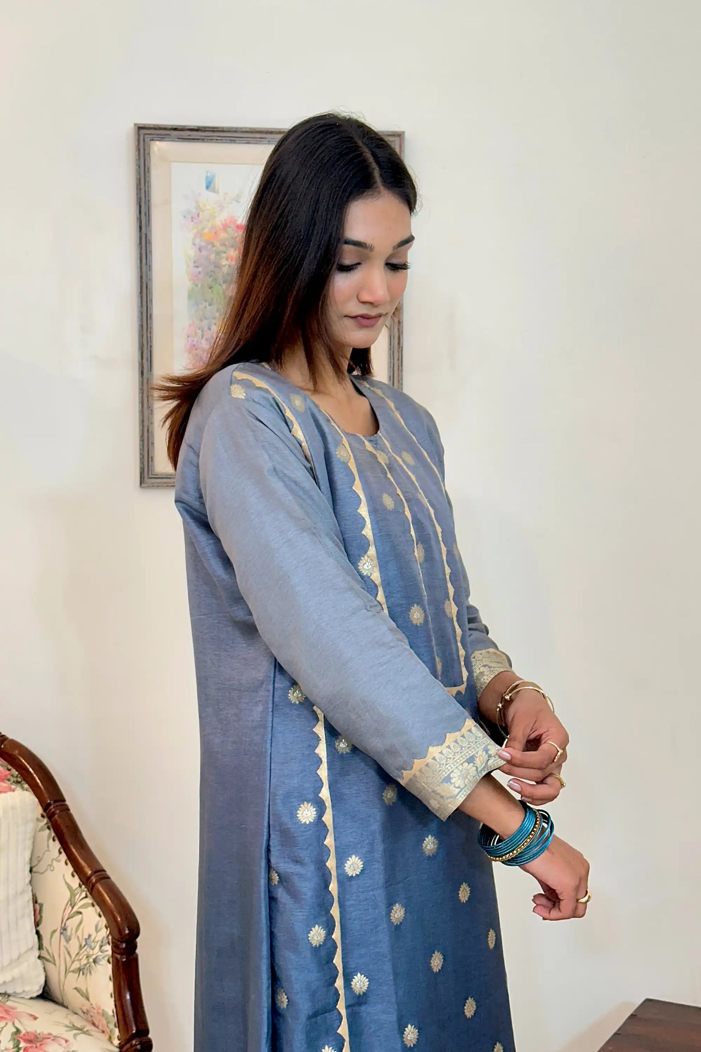 Grey Banarasi Silk Party Wear Kurta Set with applique work